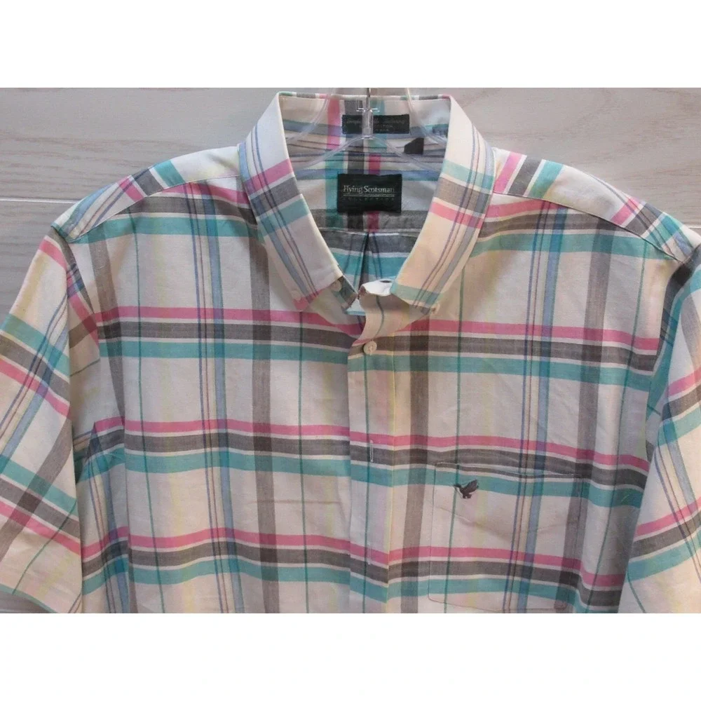 Vintage Flying Scotsman XL Made USA Short Sleeve Button Shirt plaid pink green - Picture 2 of 10